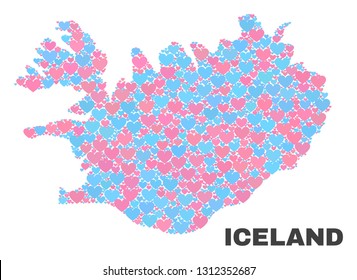 Mosaic Iceland map of lovely hearts in pink and blue colors isolated on a white background. Lovely heart collage in shape of Iceland map. Abstract design for Valentine illustrations.