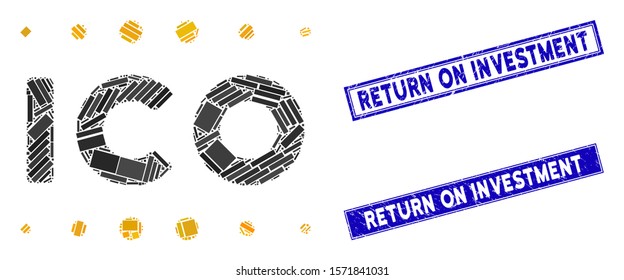 Mosaic ICO caption pictogram and rectangle Return on Investment seal stamps. Flat vector ICO caption mosaic pictogram of random rotated rectangle items.