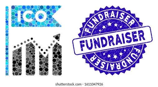 Mosaic ICO chart icon and distressed stamp seal with Fundraiser caption. Mosaic vector is composed with ICO chart icon and with scattered spheric spots. Fundraiser stamp seal uses blue color,