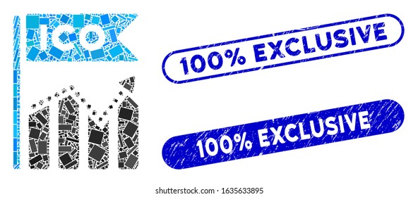 Mosaic ICO chart and rubber stamp seals with 100% Exclusive text. Mosaic vector ICO chart is composed with random rectangle items. 100% Exclusive seals use blue color, and have round rectangle shape.