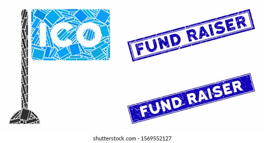 Mosaic ICO rectangle flag pictogram and rectangle rubber prints. Flat vector ICO rectangle flag mosaic pictogram of random rotated rectangle items. Blue caption watermarks with rubber textures.