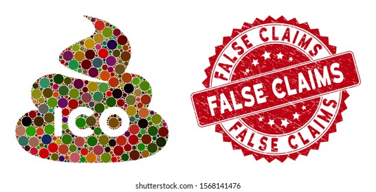 Mosaic ICO shit and corroded stamp seal with False Claims caption. Mosaic vector is designed with ICO shit icon and with random round elements. False Claims stamp uses red color, and grunge surface.