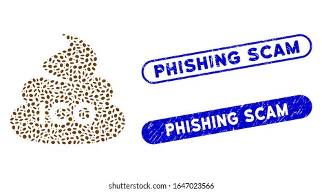 Mosaic ICO shit and rubber stamp seals with Phishing Scam phrase. Mosaic vector ICO shit is designed with scattered ellipse spots. Phishing Scam stamp seals use blue color,