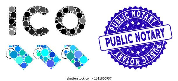 Mosaic ICO Tokens Icon And Distressed Stamp Seal With Public Notary Phrase. Mosaic Vector Is Created With ICO Tokens Icon And With Random Round Spots. Public Notary Seal Uses Blue Color,