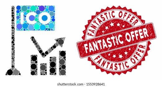Mosaic ICO trend chart and distressed stamp seal with Fantastic Offer phrase. Mosaic vector is created with ICO trend chart icon and with scattered circle spots.