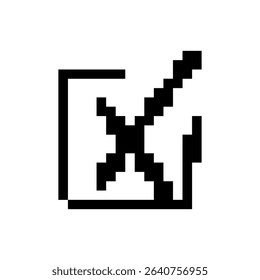 Mosaic icon in pixel style showing an check mark with a retro, black and white design.