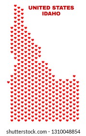 Mosaic Idaho State map of heart hearts in red color isolated on a white background. Regular red heart pattern in shape of Idaho State map. Abstract design for Valentine illustrations.