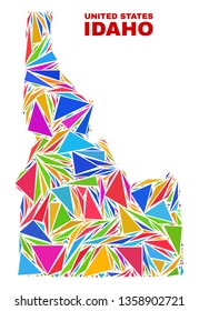 Mosaic Idaho State map of triangles in bright colors isolated on a white background. Triangular collage in shape of Idaho State map. Abstract design for patriotic illustrations.