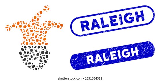 Mosaic idiot head and grunge stamp seals with Raleigh caption. Mosaic vector idiot head is created with scattered oval dots. Raleigh stamp seals use blue color, and have rounded rectangle shape.