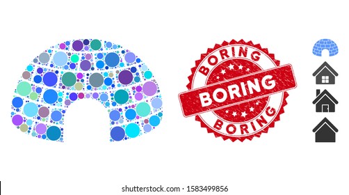 Mosaic igloo icon and corroded stamp seal with Boring phrase. Mosaic vector is composed with igloo pictogram and with scattered round spots. Boring stamp seal uses red color, and distress design.