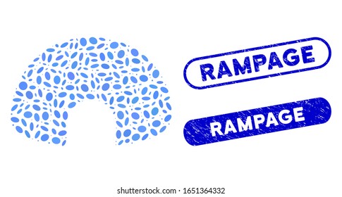 Mosaic igloo and rubber stamp seals with Rampage phrase. Mosaic vector igloo is created with randomized oval spots. Rampage stamp seals use blue color, and have rounded rectangle shape.