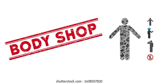 Mosaic ignorance pose icon and red Body Shop stamp between double parallel lines. Flat vector ignorance pose mosaic icon of scattered rotated rectangular items.