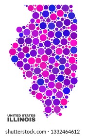Mosaic Illinois State map isolated on a white background. Vector geographic abstraction in pink and violet colors. Mosaic of Illinois State map combined of scattered circle elements.