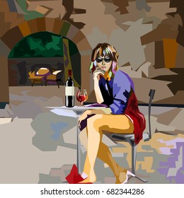 Mosaic illustration. A girl sitting at a cafe table with a bottle and a glass of red wine