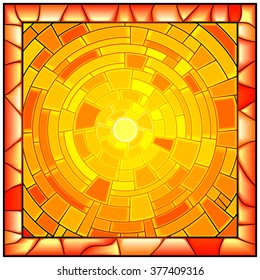 Mosaic illustration of sun with orange light stained glass window with frame.