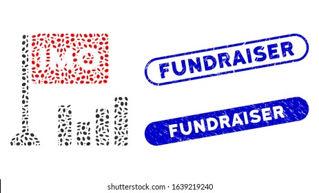 Mosaic IMO bar chart and rubber stamp seals with Fundraiser caption. Mosaic vector IMO bar chart is formed with randomized oval items. Fundraiser stamp seals use blue color,
