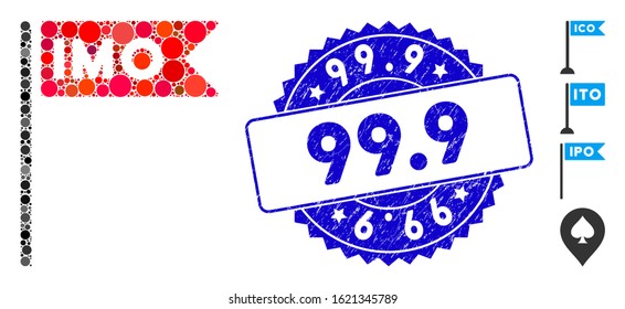 Mosaic IMO flag icon and grunge stamp seal with 99.9 caption. Mosaic vector is composed with IMO flag pictogram and with scattered spheric spots. 99.9 seal uses blue color, and grunge surface.
