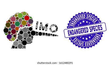Mosaic IMO liar icon and rubber stamp seal with Endangered Species caption. Mosaic vector is composed with IMO liar icon and with scattered circle items. Endangered Species seal uses blue color,