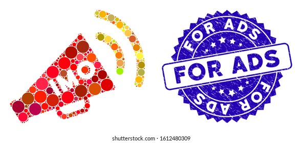 Mosaic IMO megaphone alert icon and grunge stamp seal with For Ads caption. Mosaic vector is formed from IMO megaphone alert pictogram and with random spheric items. For Ads seal uses blue color,