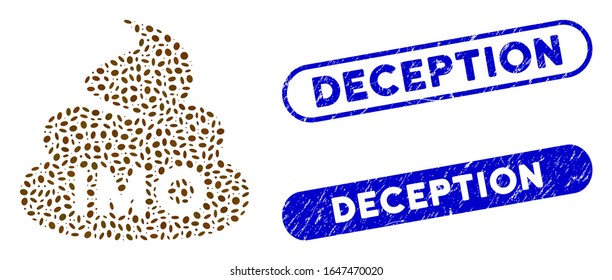 Mosaico OMI mierda y sellos corroídos con el pie de página Deception. El vector mosaico es la basura OMI diseñada con partes ovales aleatorias. Los sellos de sello de engaño usan color azul y tienen forma rectangular redonda.