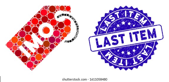 Mosaic IMO tag icon and distressed stamp watermark with Last Item phrase. Mosaic vector is created with IMO tag icon and with random round spots. Last Item stamp seal uses blue color,