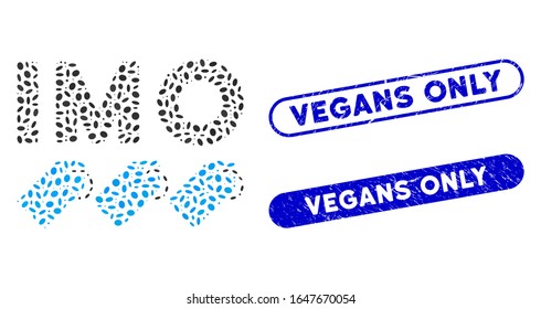 Mosaic IMO tags and corroded stamp seals with Vegans Only caption. Mosaic vector IMO tags is composed with scattered oval items. Vegans Only stamp seals use blue color, and have round rectangle shape.