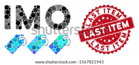 Mosaic IMO tags and rubber stamp seal with Last Item caption. Mosaic vector is designed from IMO tags icon and with randomized round elements. Last Item stamp uses red color, and grunge texture.