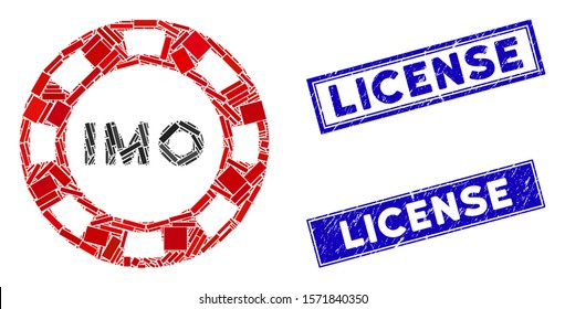 Mosaic IMO token pictogram and rectangular License watermarks. Flat vector IMO token mosaic pictogram of scattered rotated rectangular elements. Blue License watermarks with scratched surface.