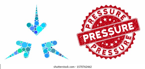 Mosaic impact arrows and rubber stamp seal with Pressure caption. Mosaic vector is designed from impact arrows icon and with randomized circle items. Pressure stamp uses red color, and rubber design.