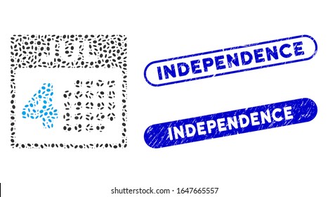 Mosaic independence day and grunge stamp seals with Independence phrase. Mosaic vector independence day is created with random oval dots. Independence stamp seals use blue color,