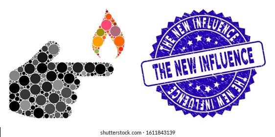 Mosaic index finger fire icon and grunge stamp seal with The New Influence text. Mosaic vector is created with index finger fire icon and with scattered circle elements.
