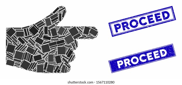 Mosaic index hand pictogram and rectangular seal stamps. Flat vector index hand mosaic icon of randomized rotated rectangular elements. Blue caption seal stamps with distress surface.
