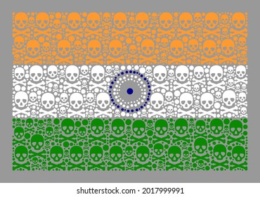 Mosaik-Indische Flagge aus Schädelelementen. Death Vektor gerade Collage Indien-Flagge geschaffen für Hazard-Propaganda. Entworfen für politische oder patriotische Doktrinen.