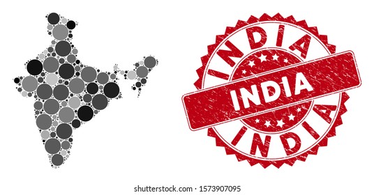 Mosaic India map and circle seal stamp. Flat vector India map mosaic of scattered spheric items. Red seal stamp with distress design. Designed for political and patriotic projects.