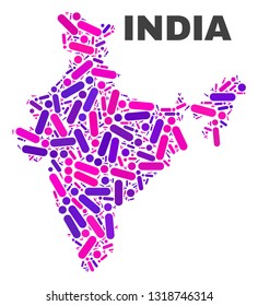 Mosaic India map isolated on a white background. Vector geographic abstraction in pink and violet colors. Mosaic of India map combined of scattered round dots and lines.
