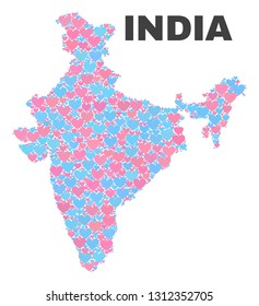 Mosaic India map of love hearts in pink and blue colors isolated on a white background. Lovely heart collage in shape of India map. Abstract design for Valentine decoration.