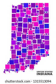 Mosaic Indiana State map isolated on a white background. Vector geographic abstraction in pink and violet colors. Mosaic of Indiana State map combined of random square elements.