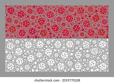 Mosaic Indonesia flag created of Covid-2019 items. Indonesia flag collage is formed of scattered covid items. Vector covid- 2019 mosaic straight Indonesia flag organized for inoculation wallpapers.