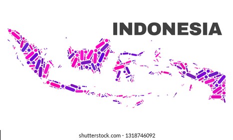 Mosaic Indonesia map isolated on a white background. Vector geographic abstraction in pink and violet colors. Mosaic of Indonesia map combined of scattered circle points and lines.