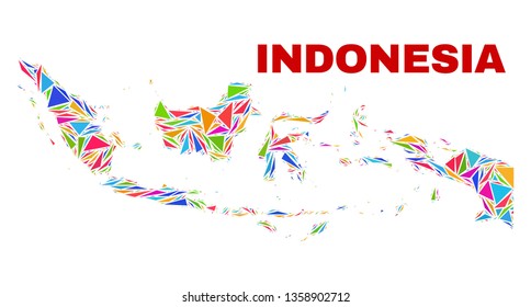 Mosaic Indonesia map of triangles in bright colors isolated on a white background. Triangular collage in shape of Indonesia map. Abstract design for patriotic decoration.
