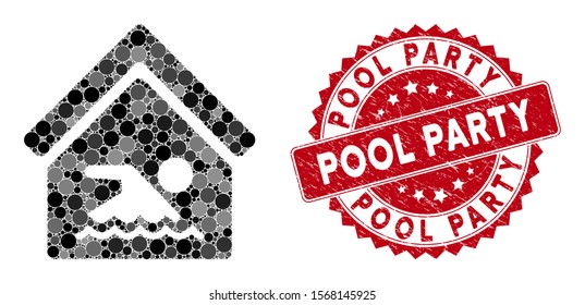 Mosaic indoor water pool and distressed stamp seal with Pool Party text. Mosaic vector is created with indoor water pool icon and with scattered spheric spots. Pool Party stamp seal uses red color,