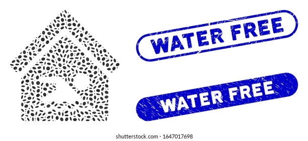 Mosaic indoor water pool and distressed stamp seals with Water Free caption. Mosaic vector indoor water pool is created with randomized oval elements. Water Free stamp seals use blue color,