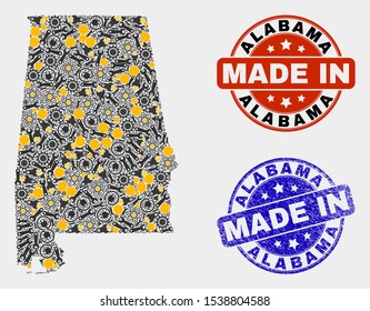 Mosaic industrial Alabama State map and blue Made In scratched seal. Vector geographic abstraction model for industrial, or political posters. Mosaic of Alabama State map combined of random gears,