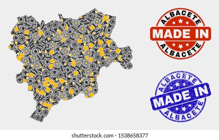 Mosaic industrial Albacete Province map and blue Made In textured stamp. Vector geographic abstraction model for industrial, or patriotic posters.
