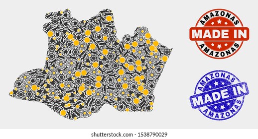 Mosaic industrial Amazonas State map and blue Made In grunge stamp. Vector geographic abstraction model for industrial, or patriotic illustrations.