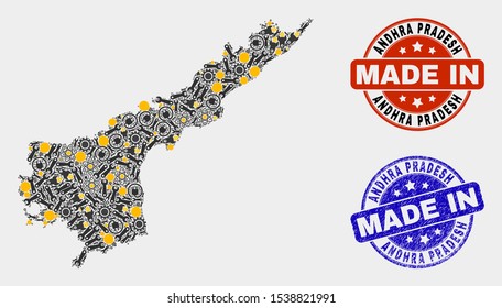 Mosaic industrial Andhra Pradesh State map and blue Made In textured seal. Vector geographic abstraction model for service, or political illustrations.