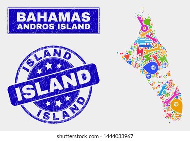 Mosaic industrial Andros Island of Bahamas map and Island stamp. Andros Island of Bahamas map collage created with random bright equipment, palms, service elements.