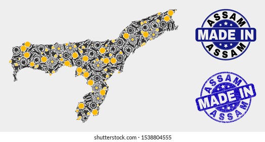 Mosaic industrial Assam State map and blue Made In textured seal. Vector geographic abstraction model for industrial, or political posters. Mosaic of Assam State map combined of random cogwheel,