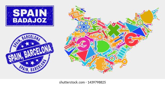 Mosaic industrial Badajoz Province map and Spain, Barcelona stamp. Badajoz Province map collage composed with scattered colored tools, palms, service items. Blue rounded Spain,