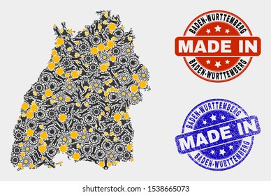 Mosaic industrial Baden-Wurttemberg Land map and blue Made In grunge stamp. Vector geographic abstraction model for workshop, or political templates.